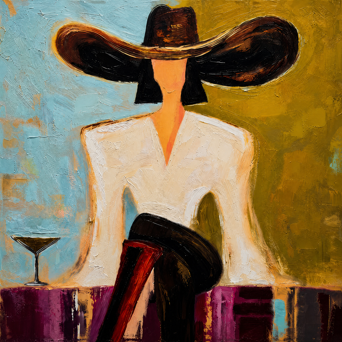 Woman in Wide-Brim Hat at the Bar