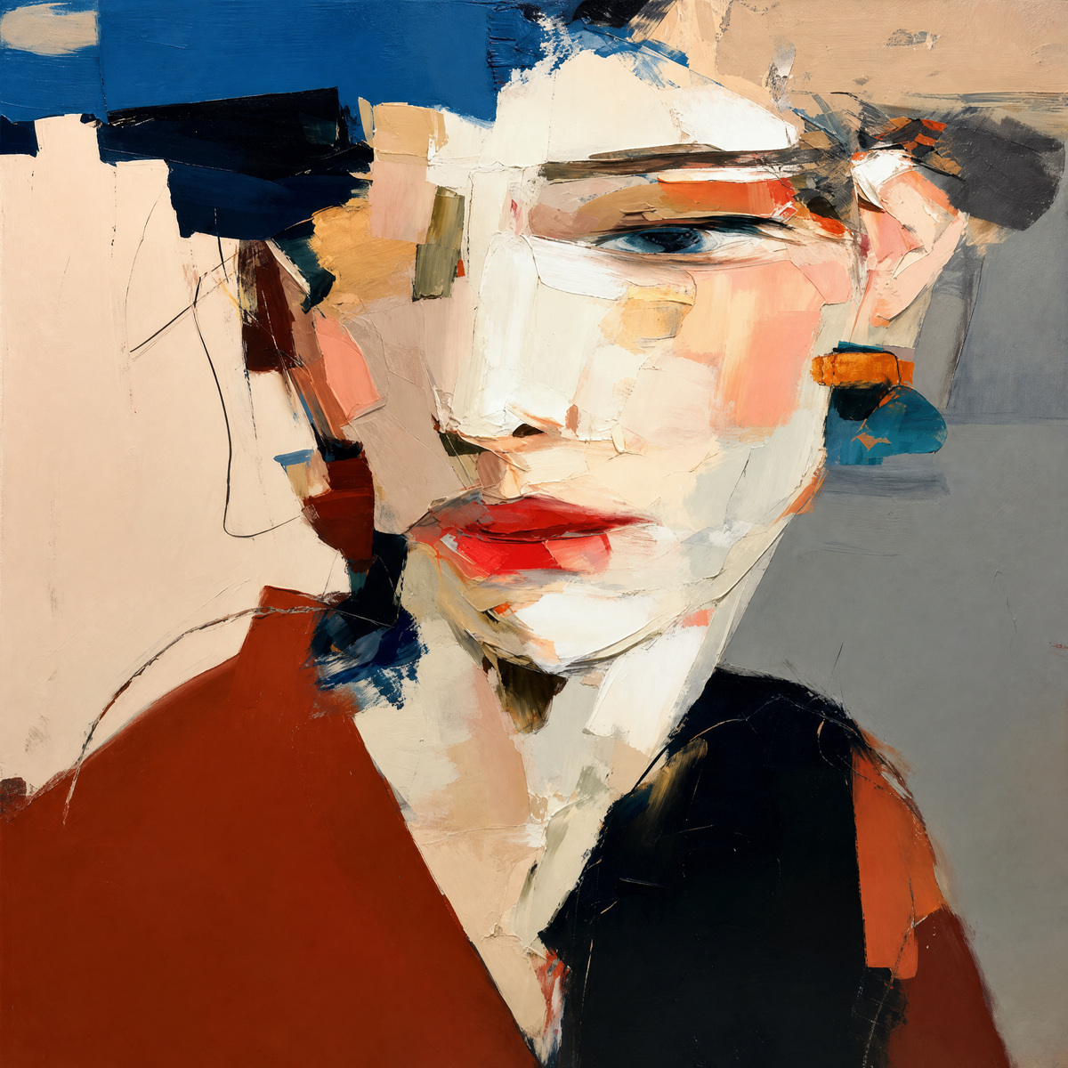 Abstract Fragmented Portrait in Rust and Navy