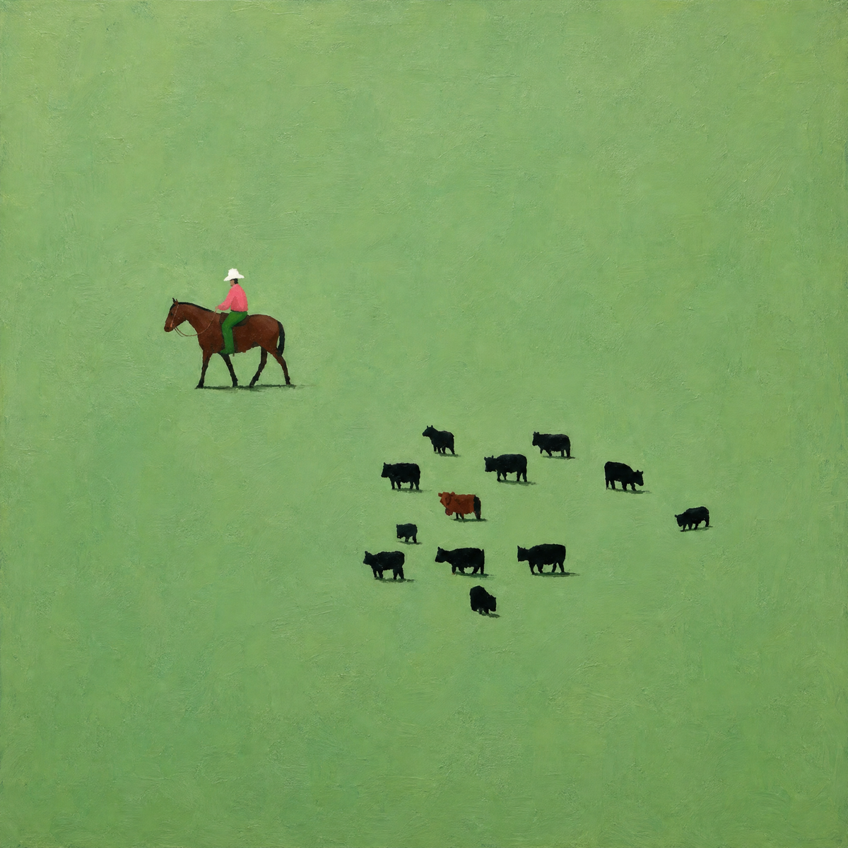 Herd and Rider on Green Field