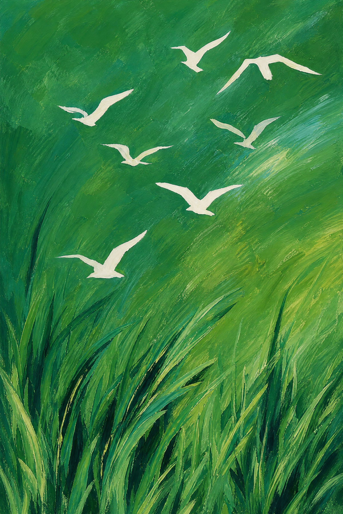 White Birds Over Emerald Grass