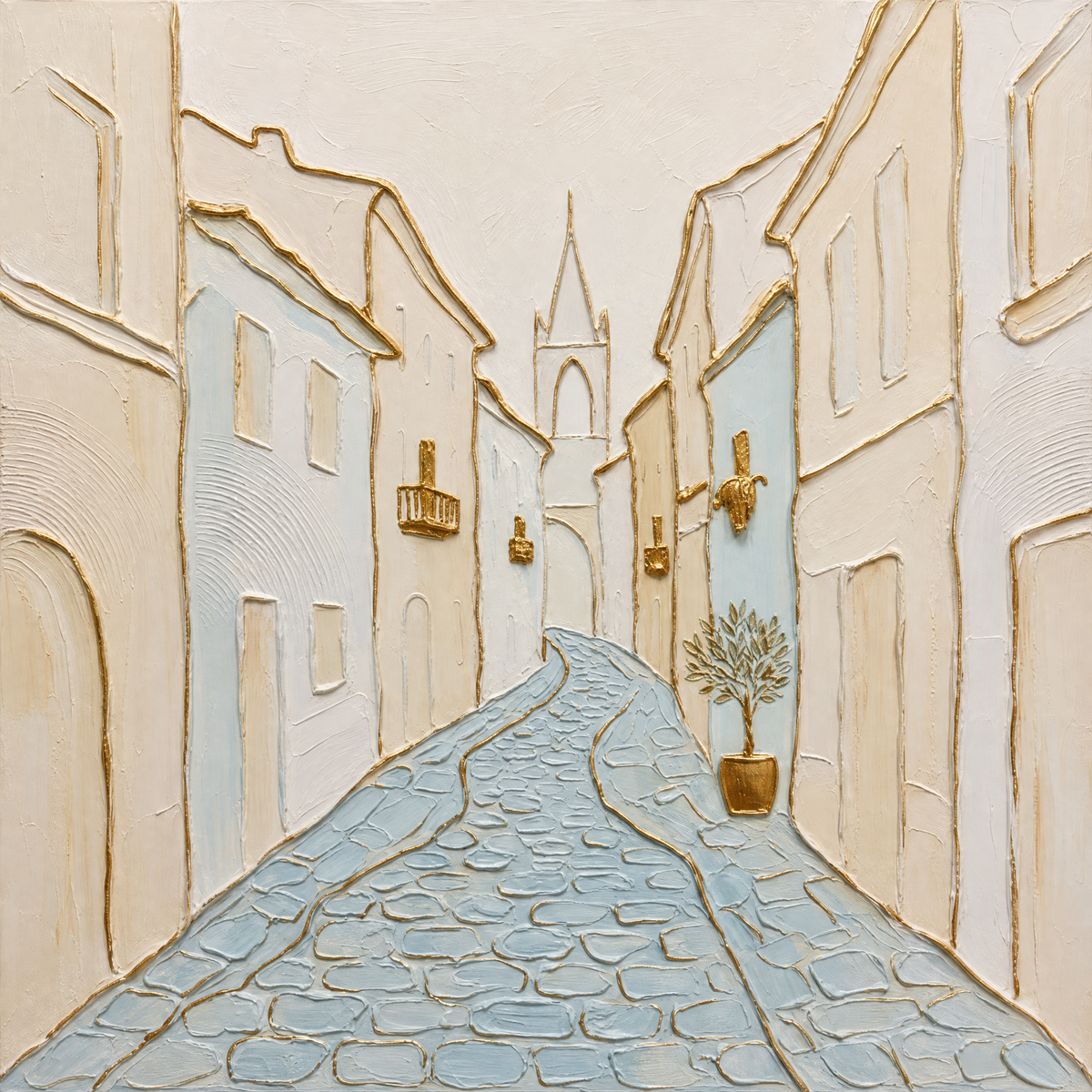Old Town Cobblestone Street in Soft Neutrals and Gold
