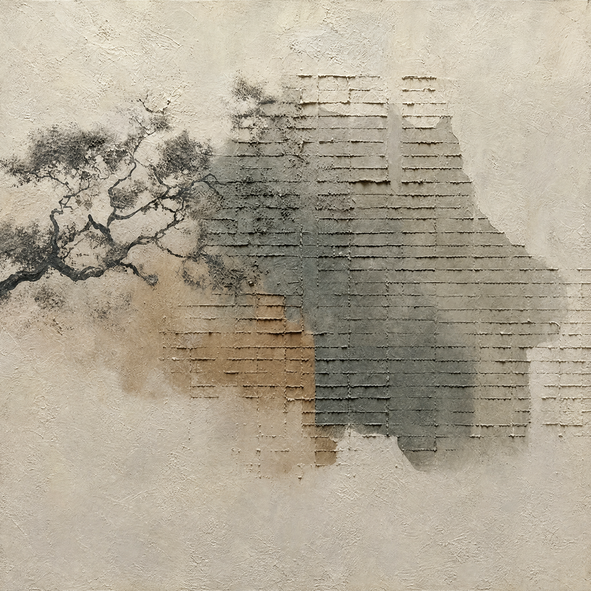 Wabi-Sabi Wall Fragment with Tree Branch