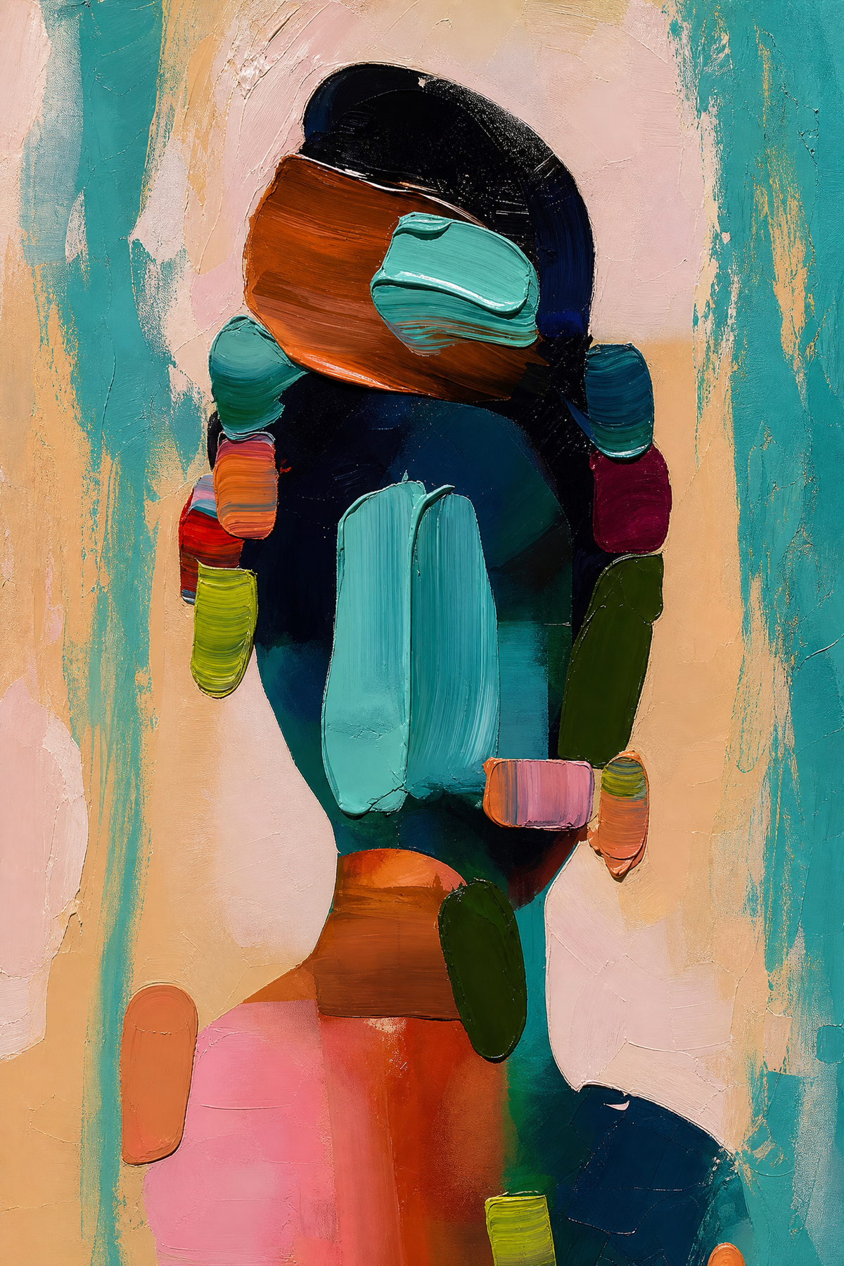 Back View Figure in Teal and Blush