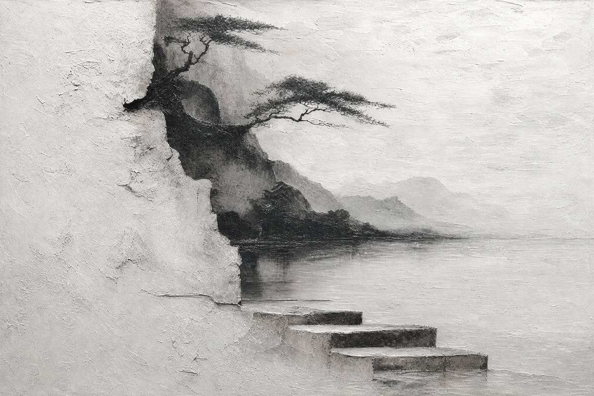 Stone Steps and Pine over Still Water