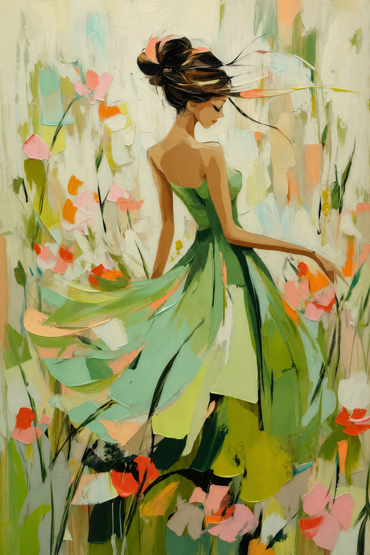 Woman in Green Dress Among Wildflowers