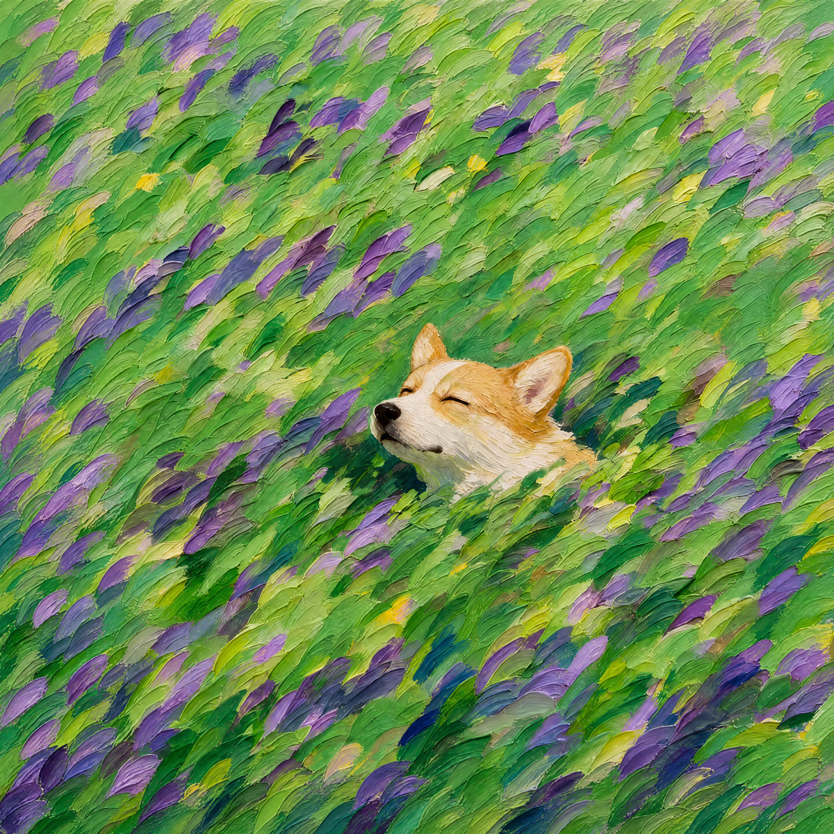 Corgi Resting in a Lavender Meadow