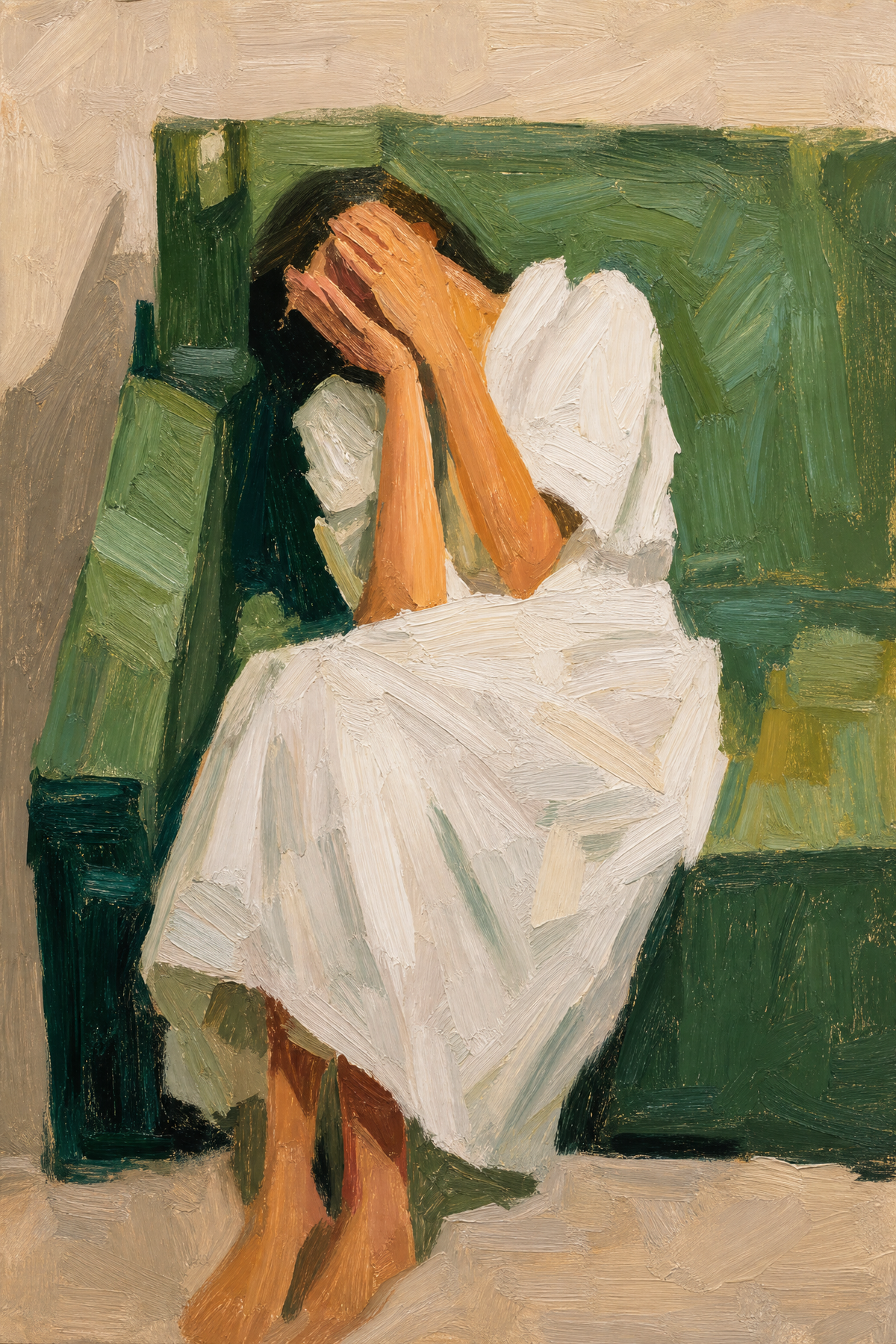 Seated Figure in White, Hands to Face