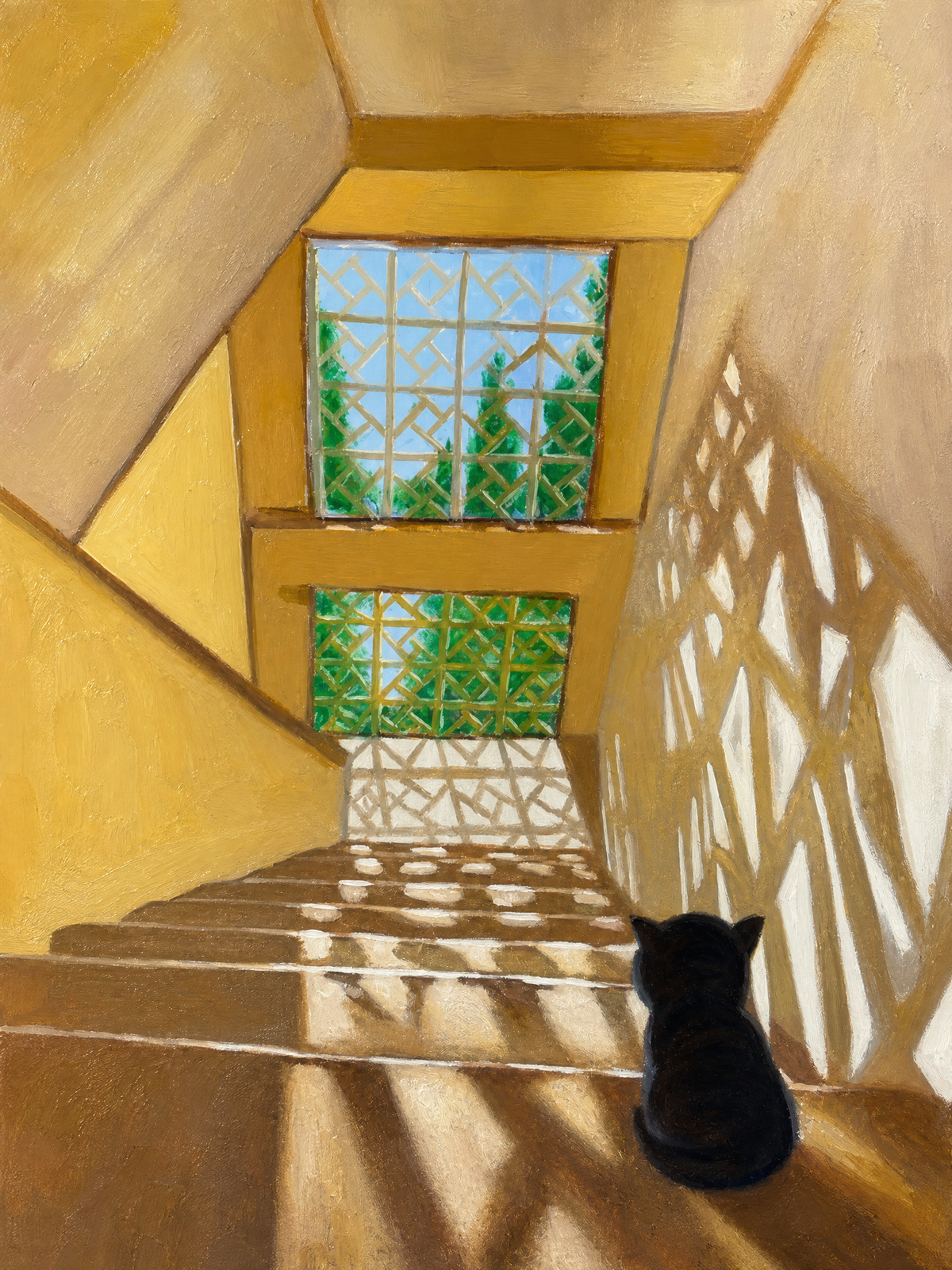 Sunlit Stairwell with Black Cat