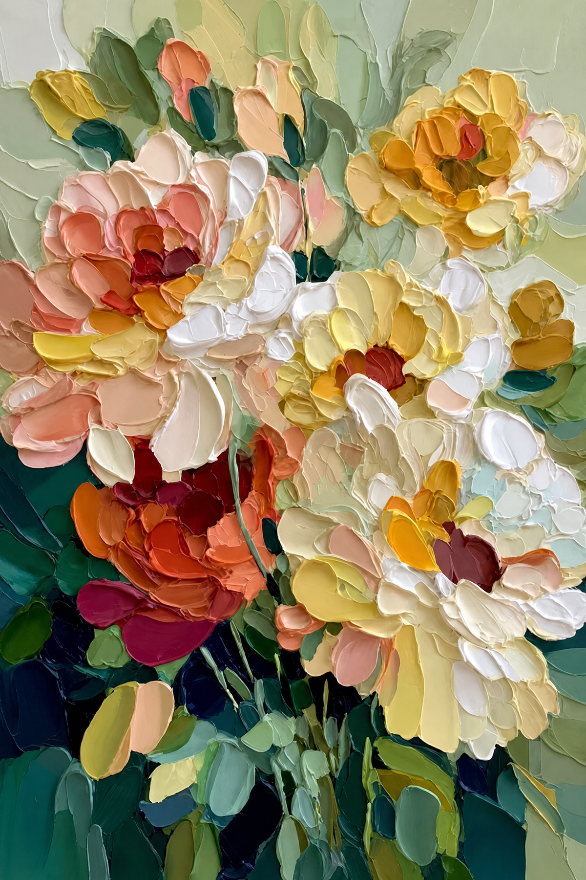 Impasto Peony Bouquet in Sage and Ochre