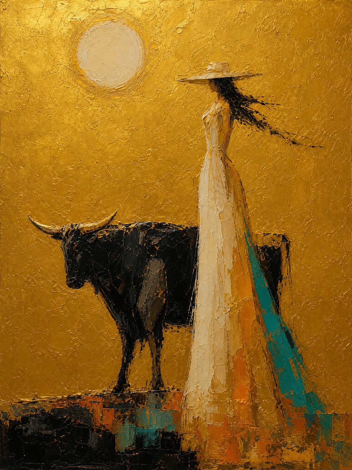 Woman with Black Bull in Golden Field