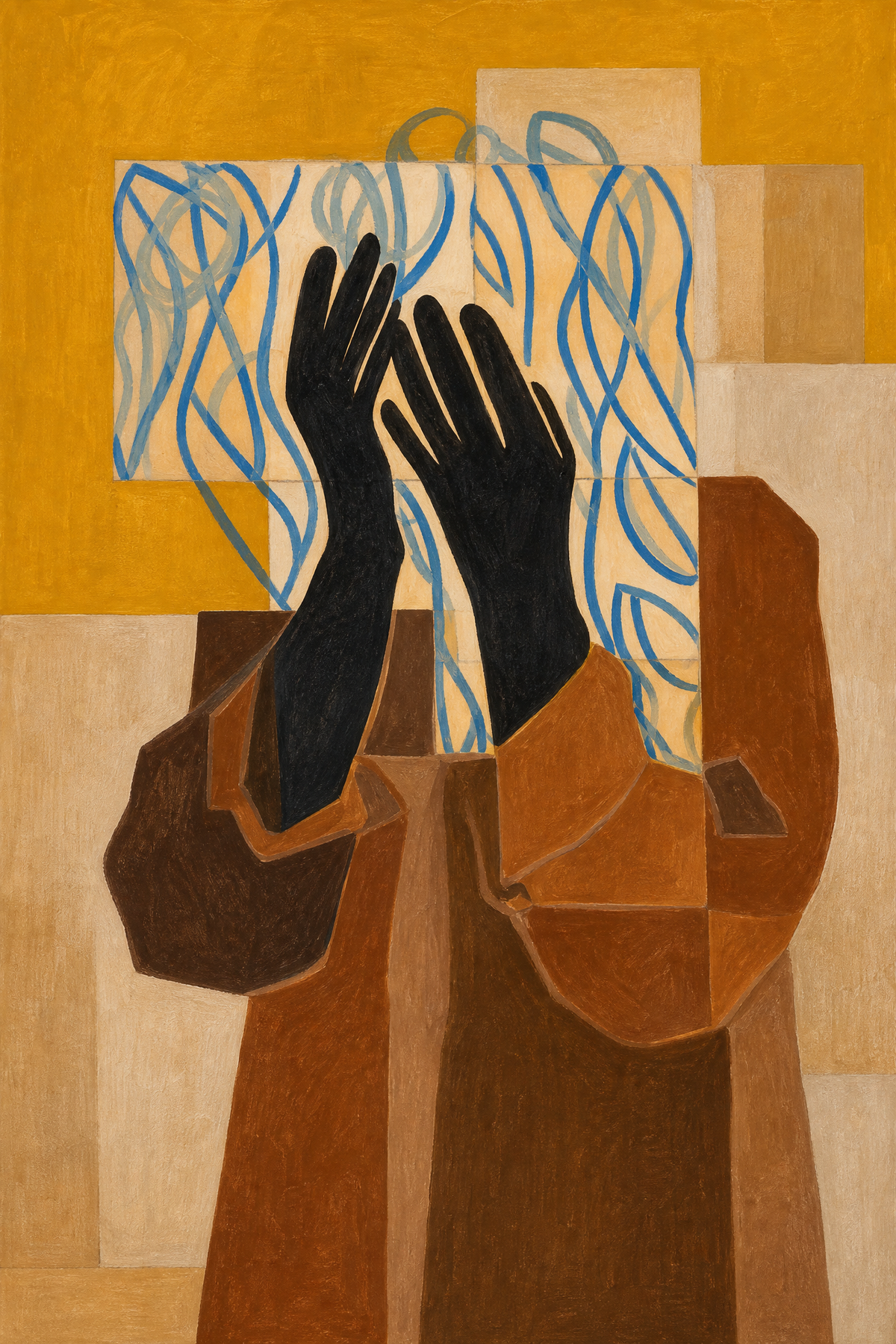 Hands Raised Before Tangled Blue Lines