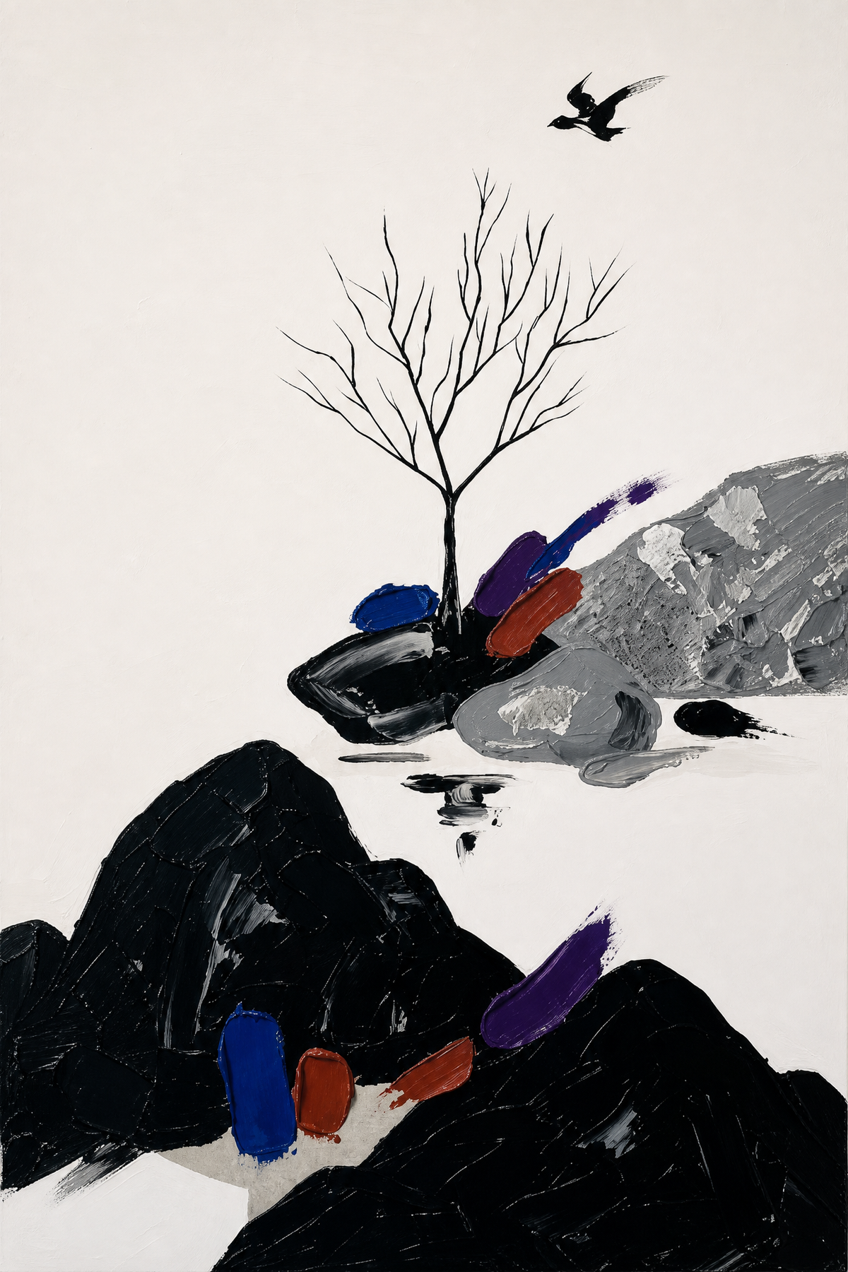Ink Mountains and Bare Tree with Flying Bird