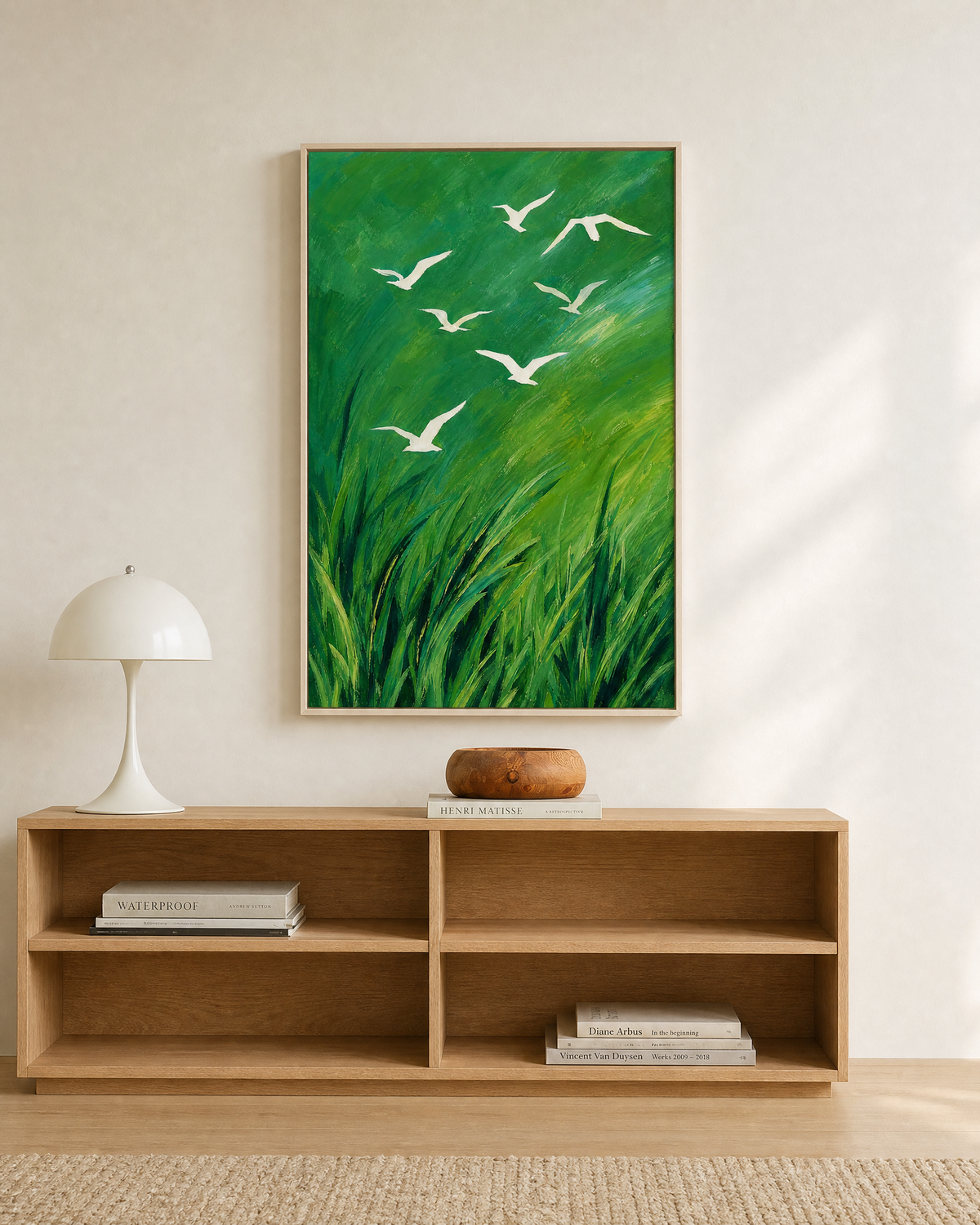 White Birds Over Emerald Grass
