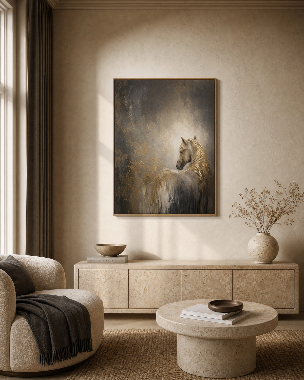 Gilded Horse: Golden Cavalier in Mist