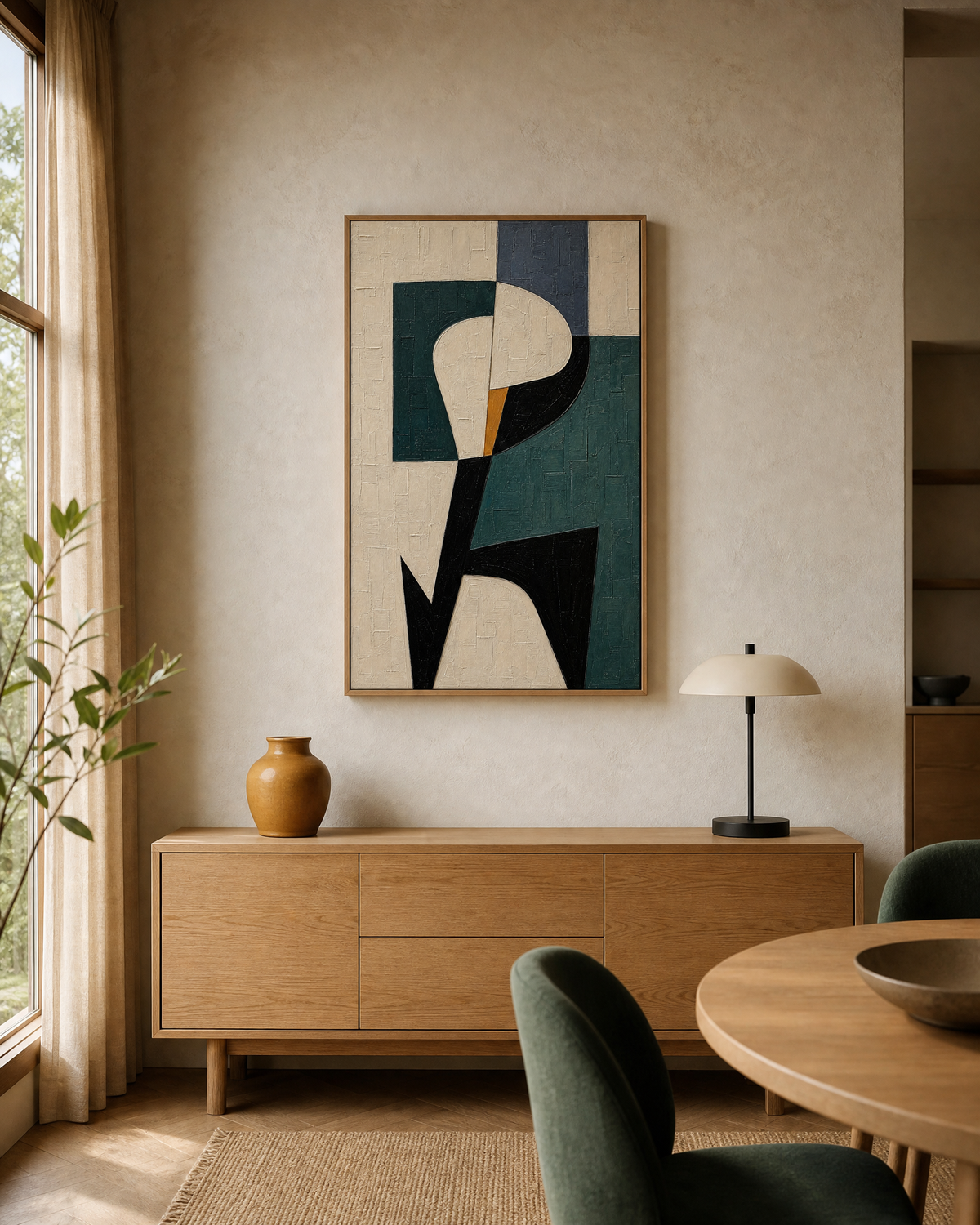 Abstract Botanical Form in Teal and Cream