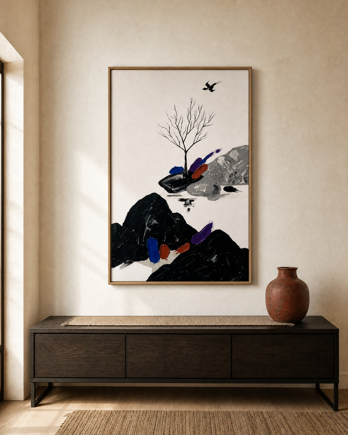 Ink Mountains and Bare Tree with Flying Bird