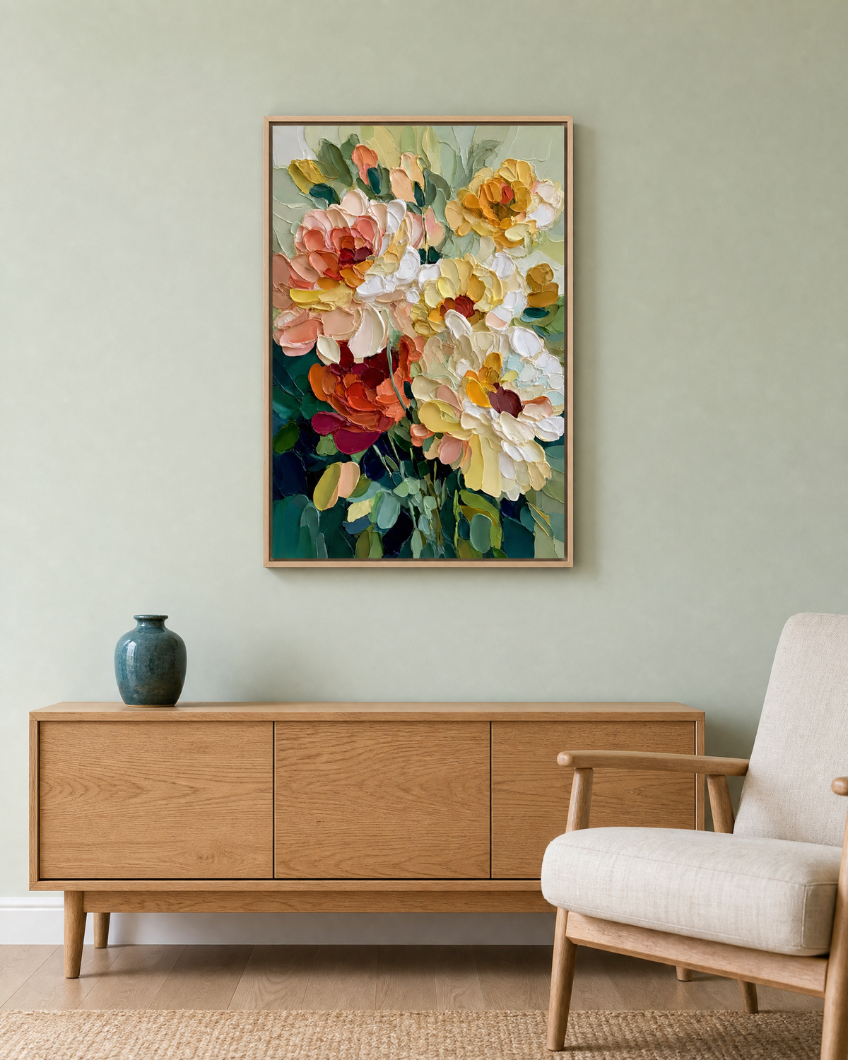 Impasto Peony Bouquet in Sage and Ochre