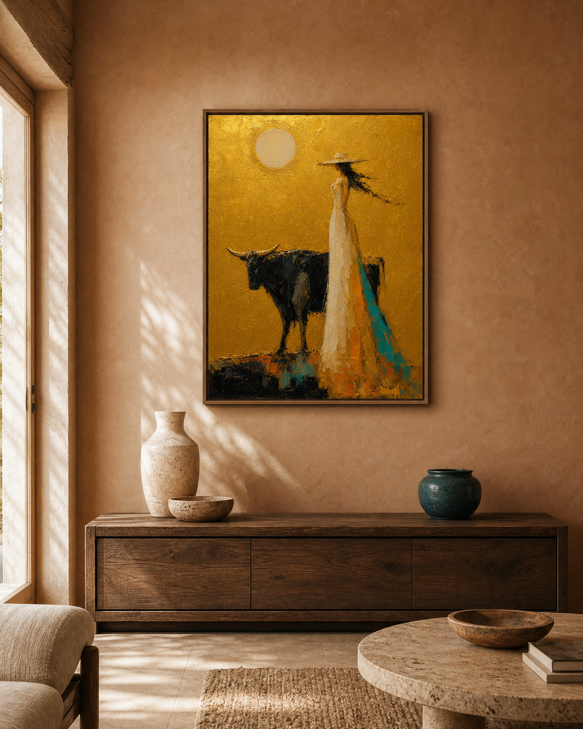 Woman with Black Bull in Golden Field