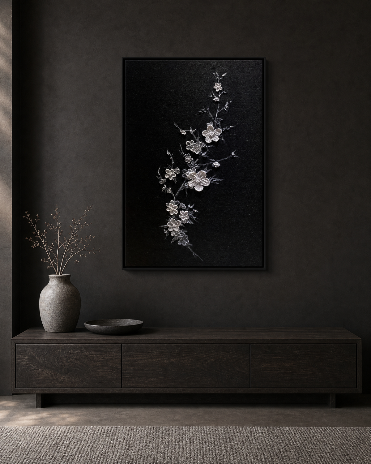 Silver Blossom Branch on Black