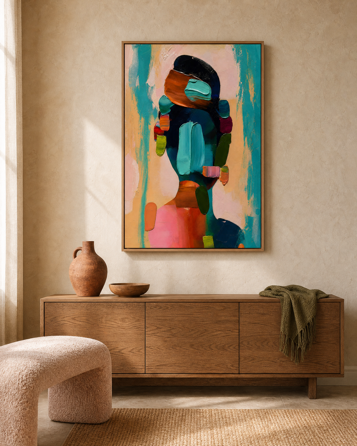 Back View Figure in Teal and Blush
