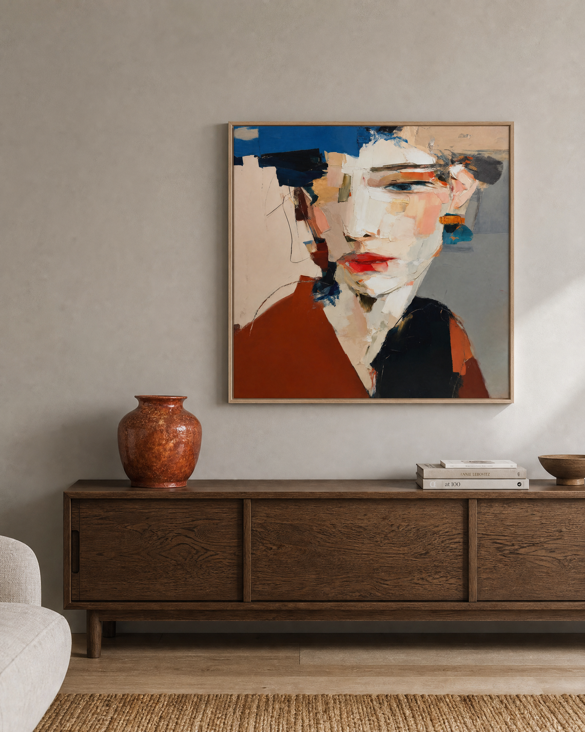 Abstract Fragmented Portrait in Rust and Navy
