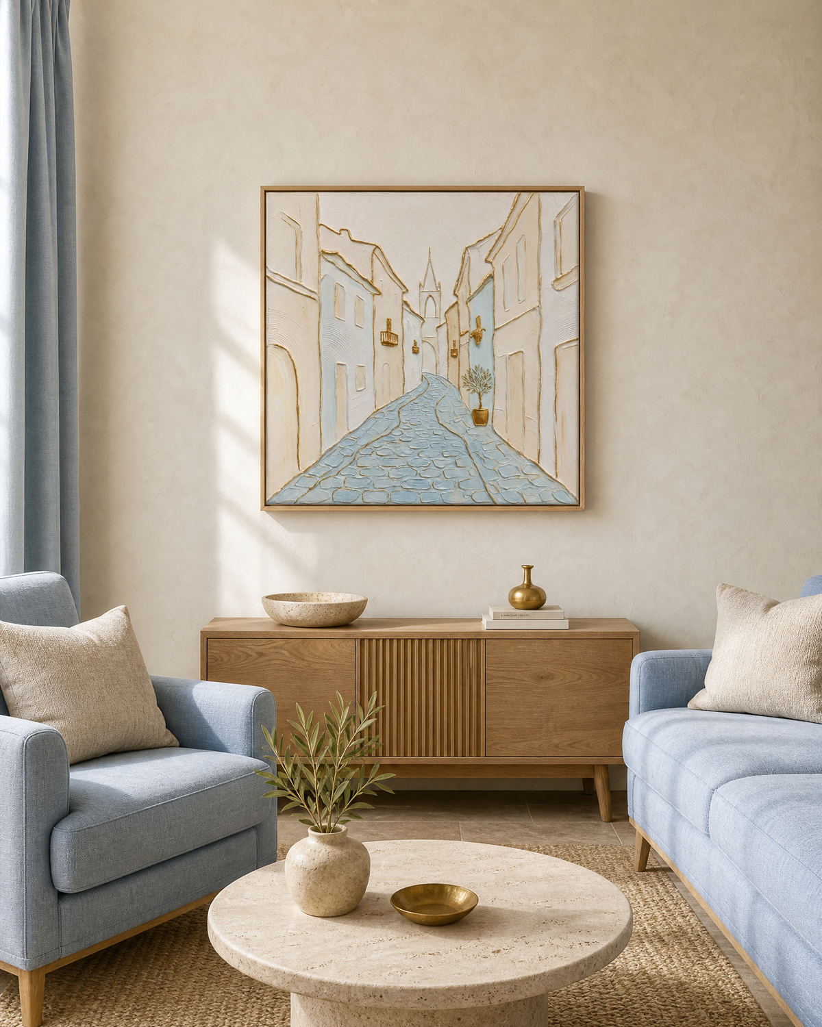Old Town Cobblestone Street in Soft Neutrals and Gold