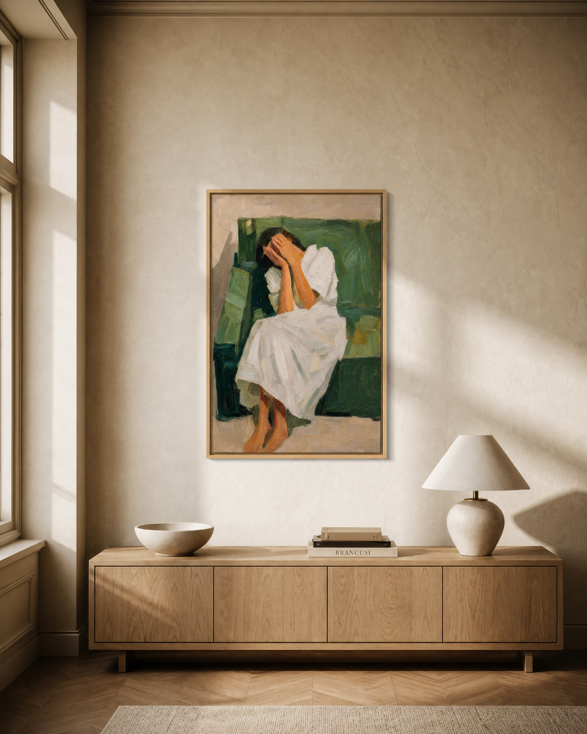 Seated Figure in White, Hands to Face