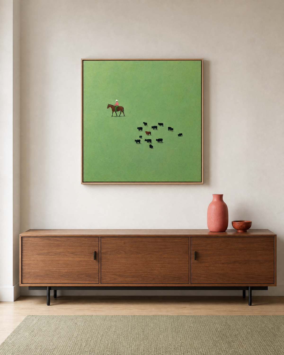 Herd and Rider on Green Field