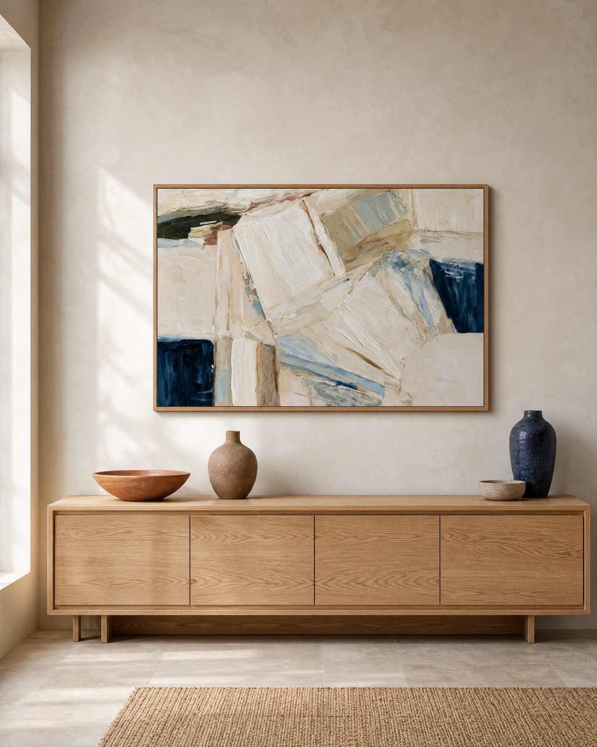 Faceted Neutrals with Deep Blue Accents