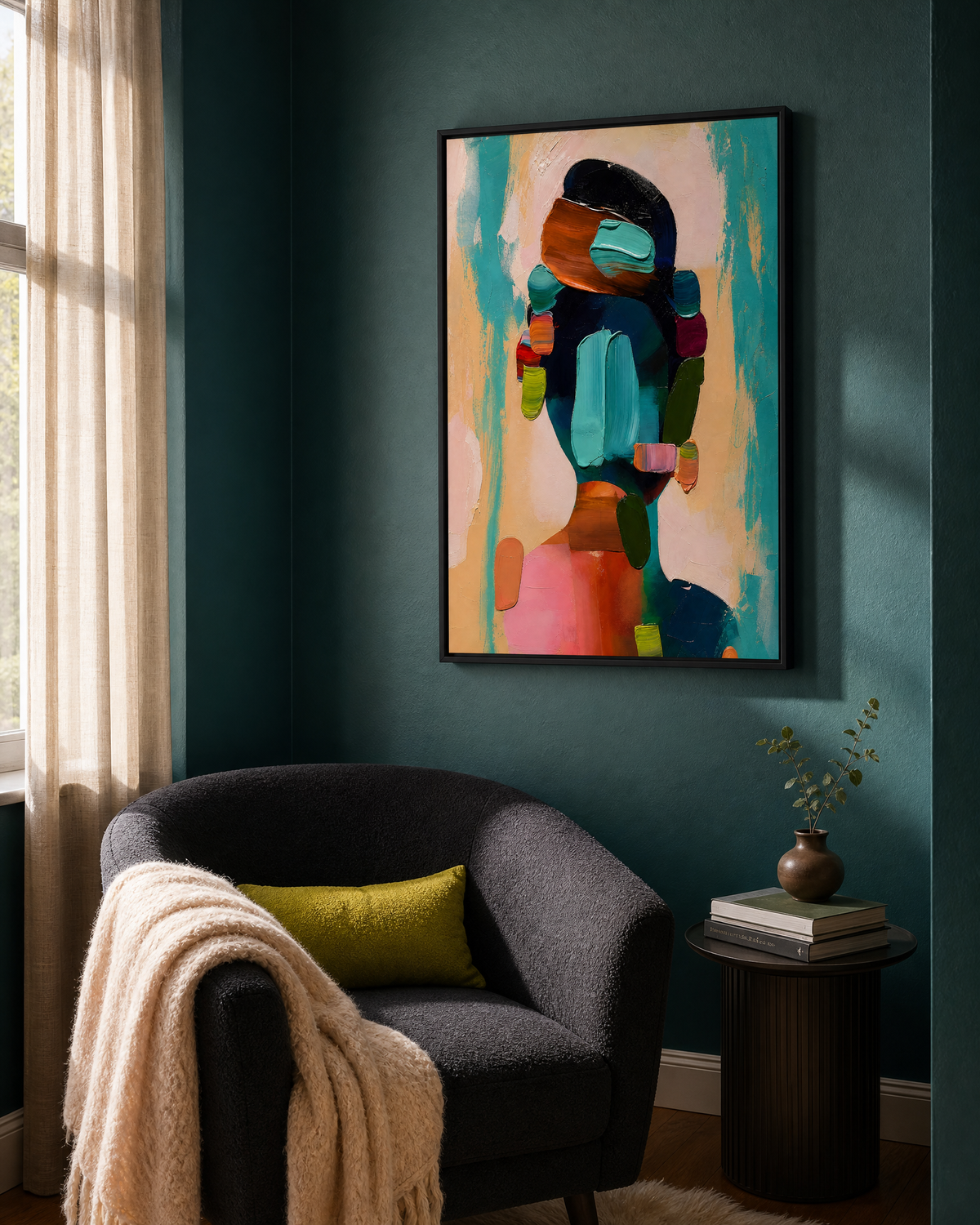 Back View Figure in Teal and Blush