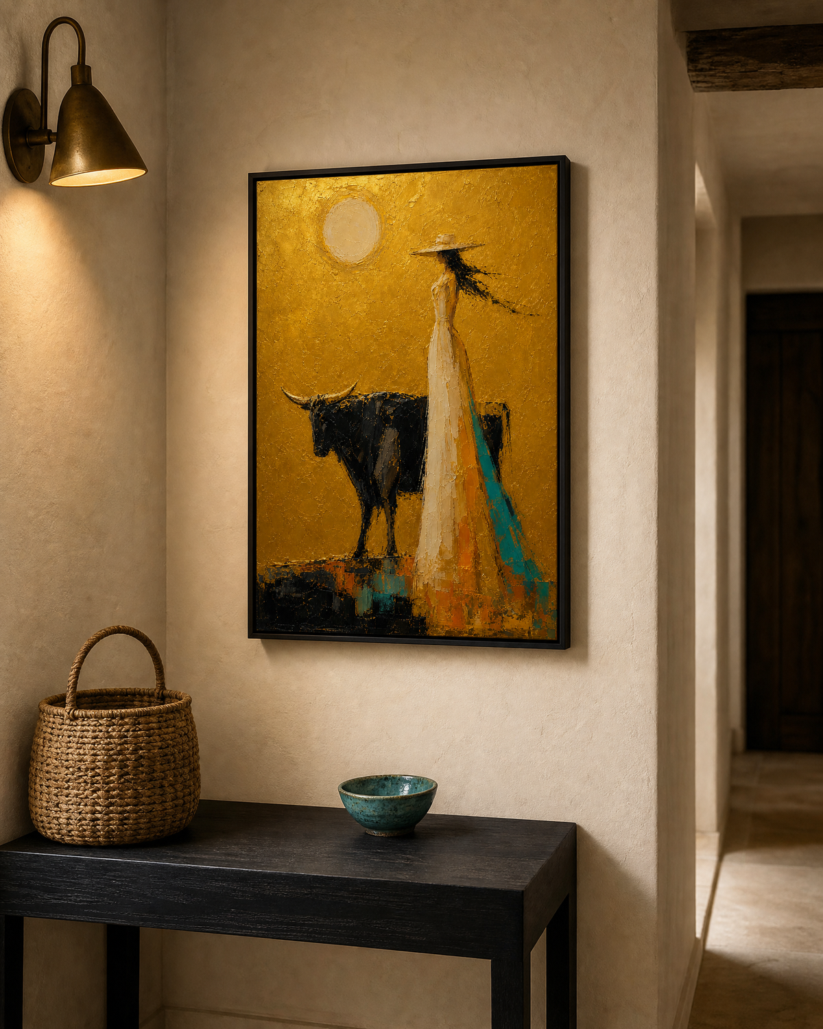 Woman with Black Bull in Golden Field