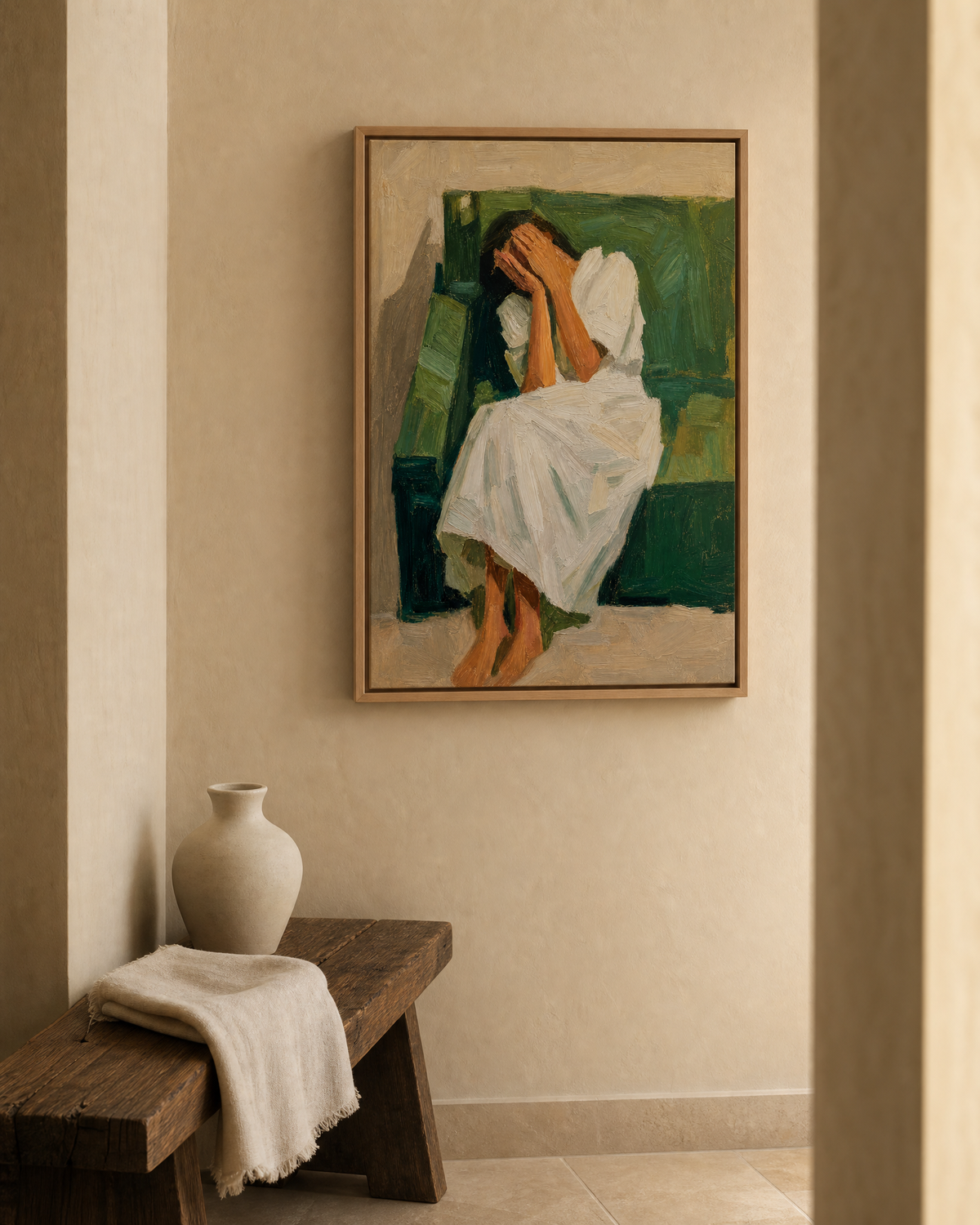Seated Figure in White, Hands to Face