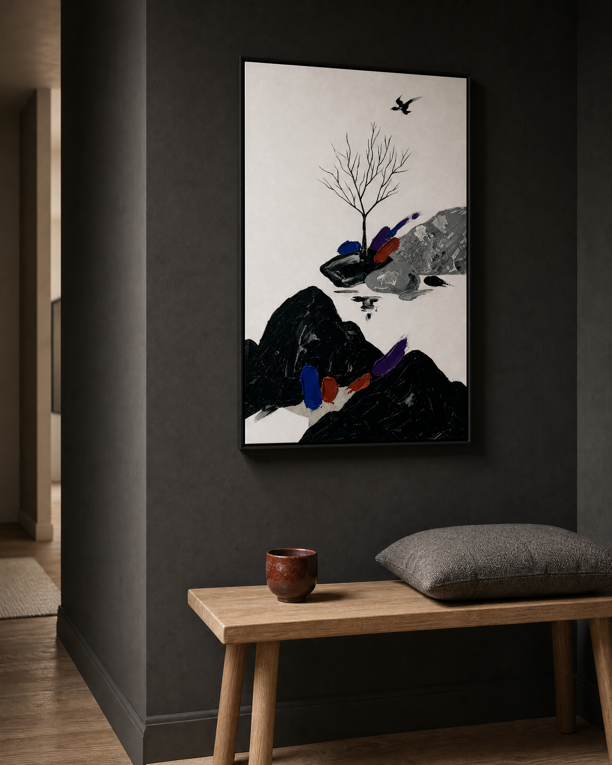 Ink Mountains and Bare Tree with Flying Bird
