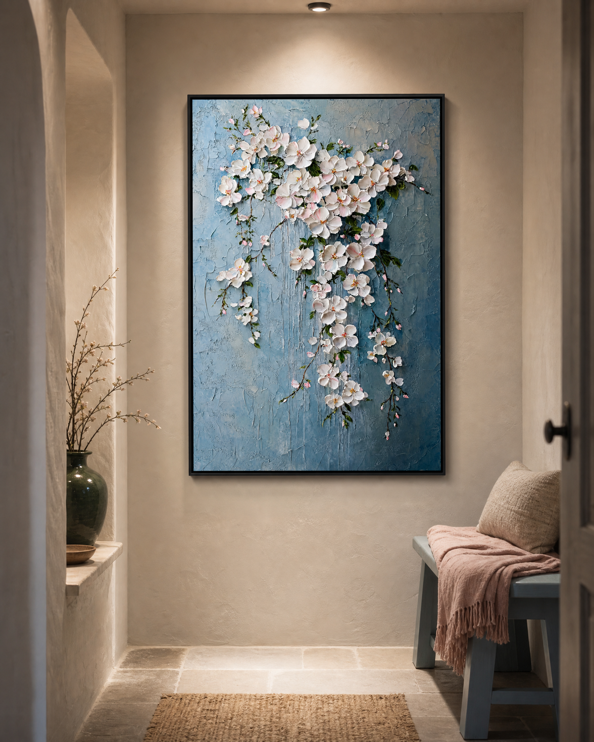 Cascading Blossoms on Slate Blue