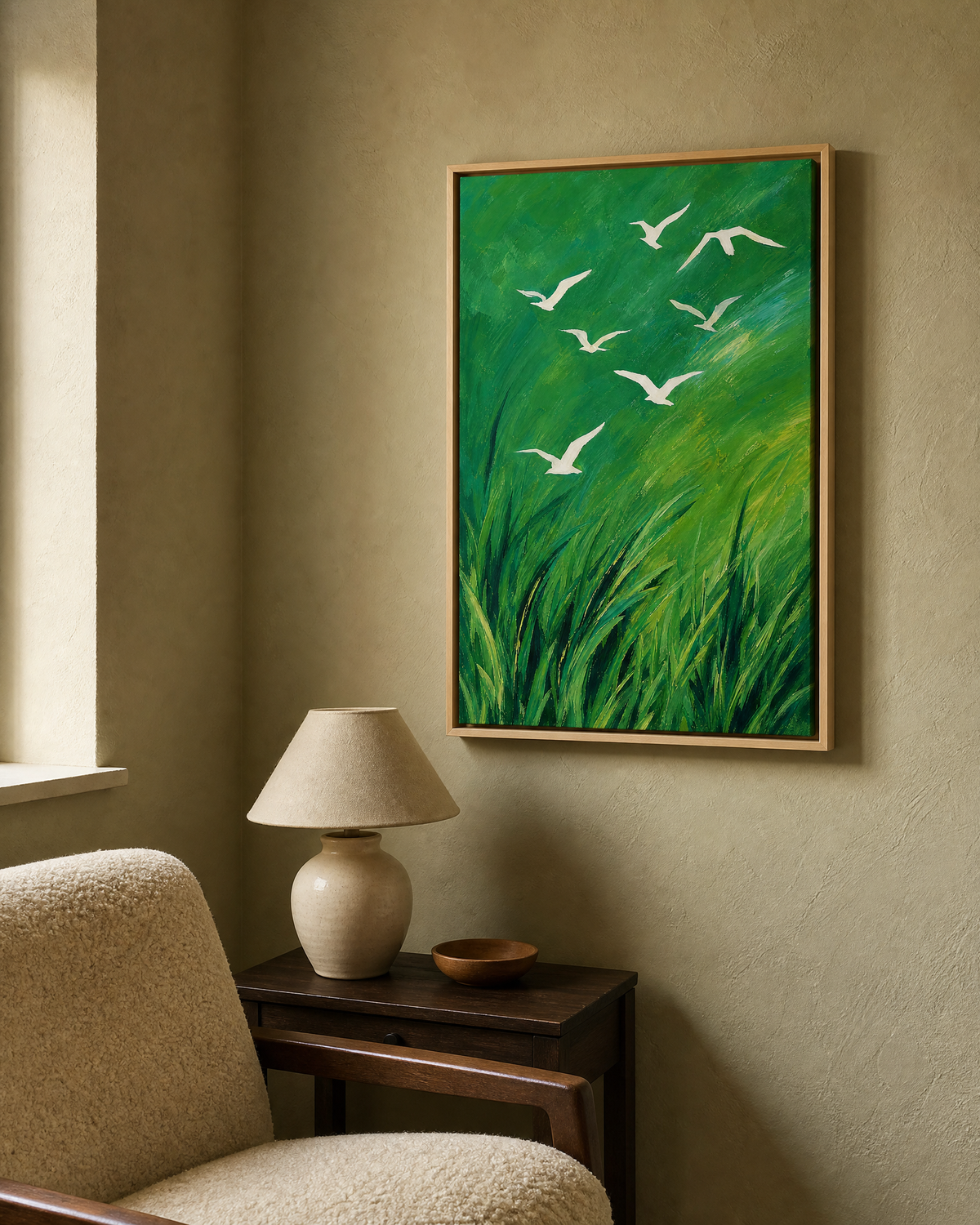 White Birds Over Emerald Grass