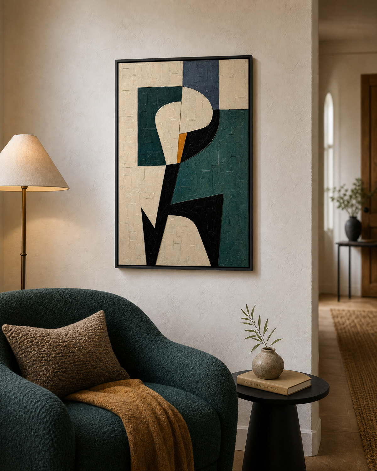 Abstract Botanical Form in Teal and Cream