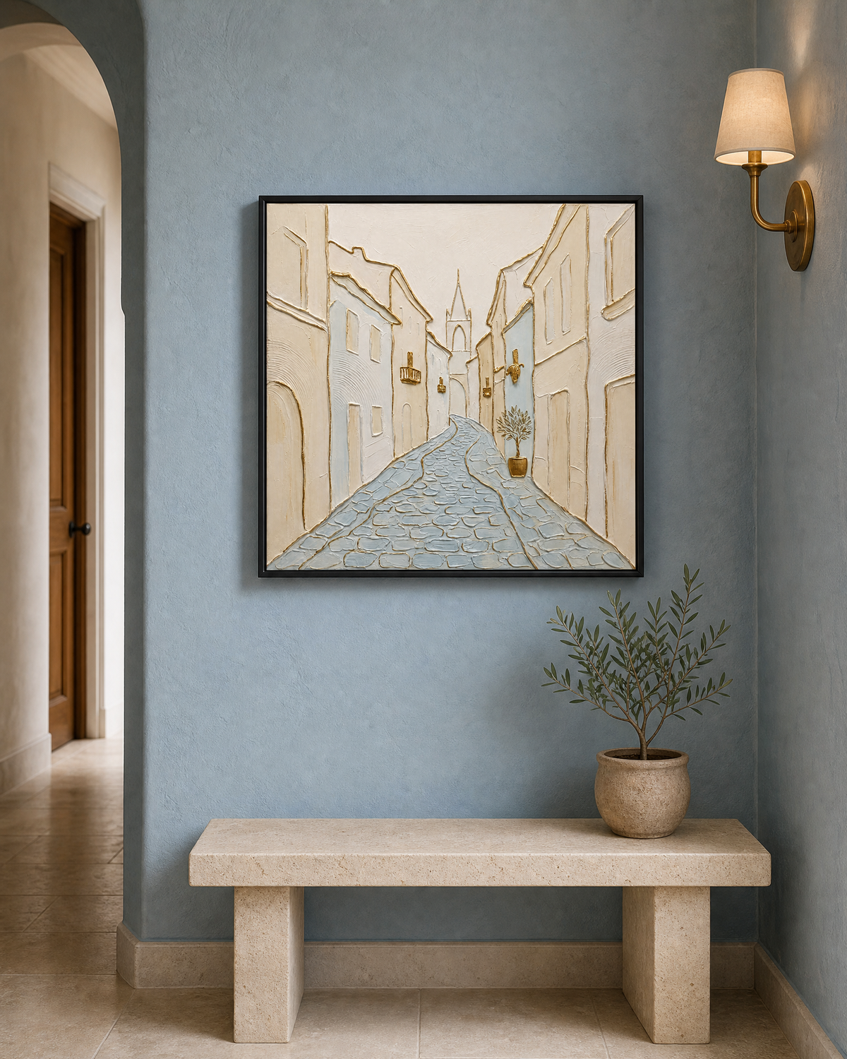 Old Town Cobblestone Street in Soft Neutrals and Gold