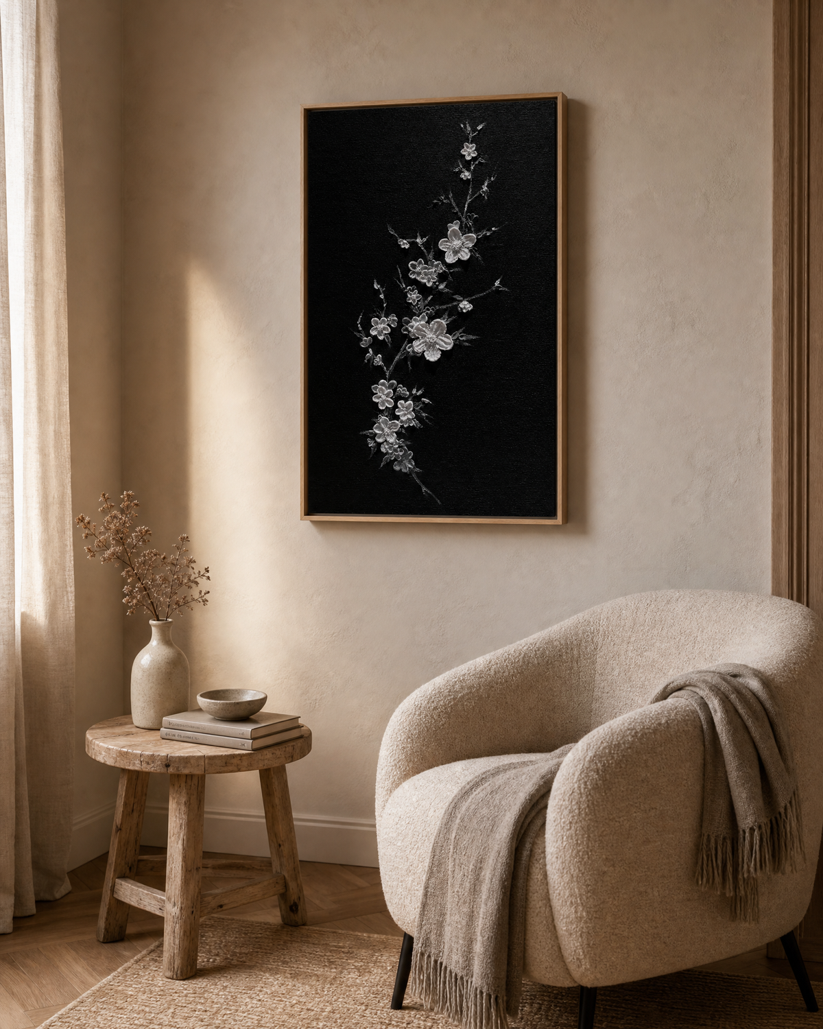 Silver Blossom Branch on Black