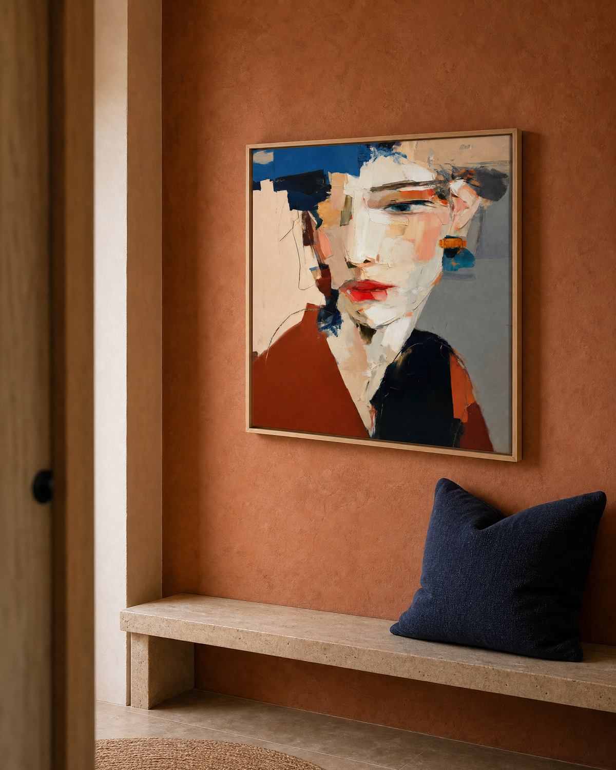 Abstract Fragmented Portrait in Rust and Navy