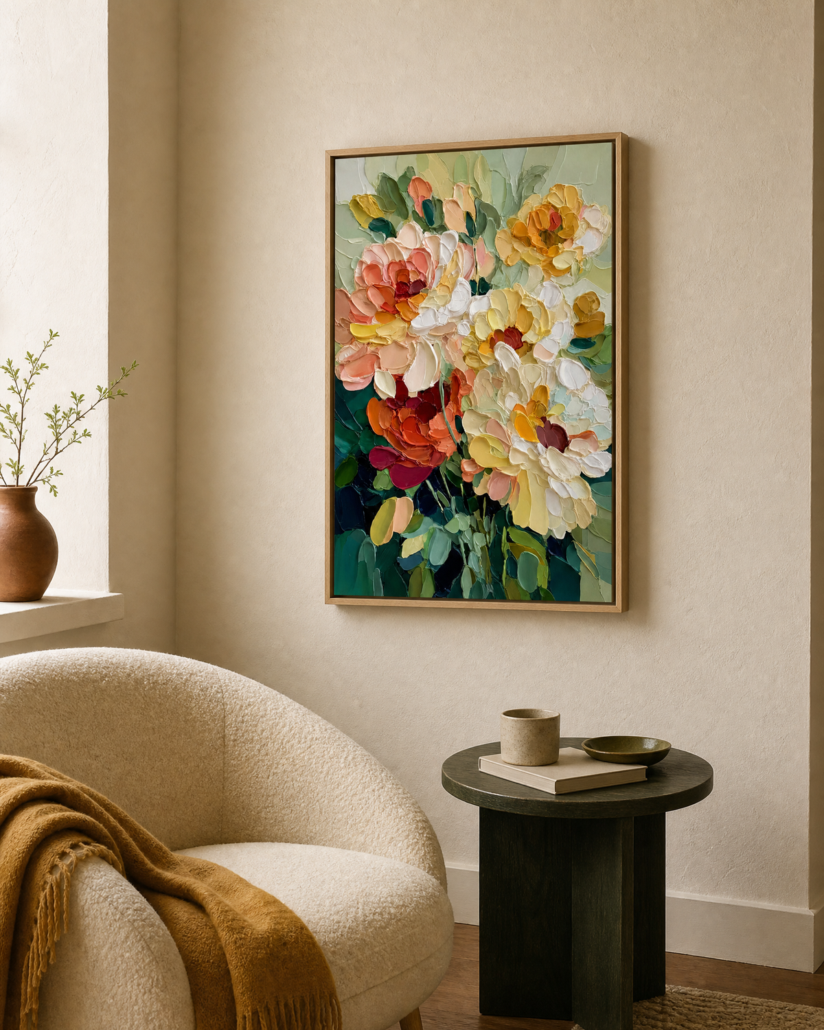 Impasto Peony Bouquet in Sage and Ochre