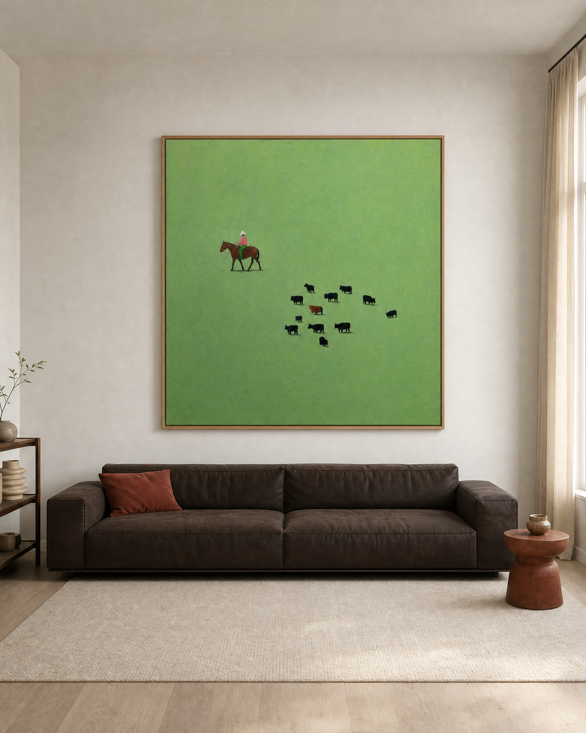 Herd and Rider on Green Field