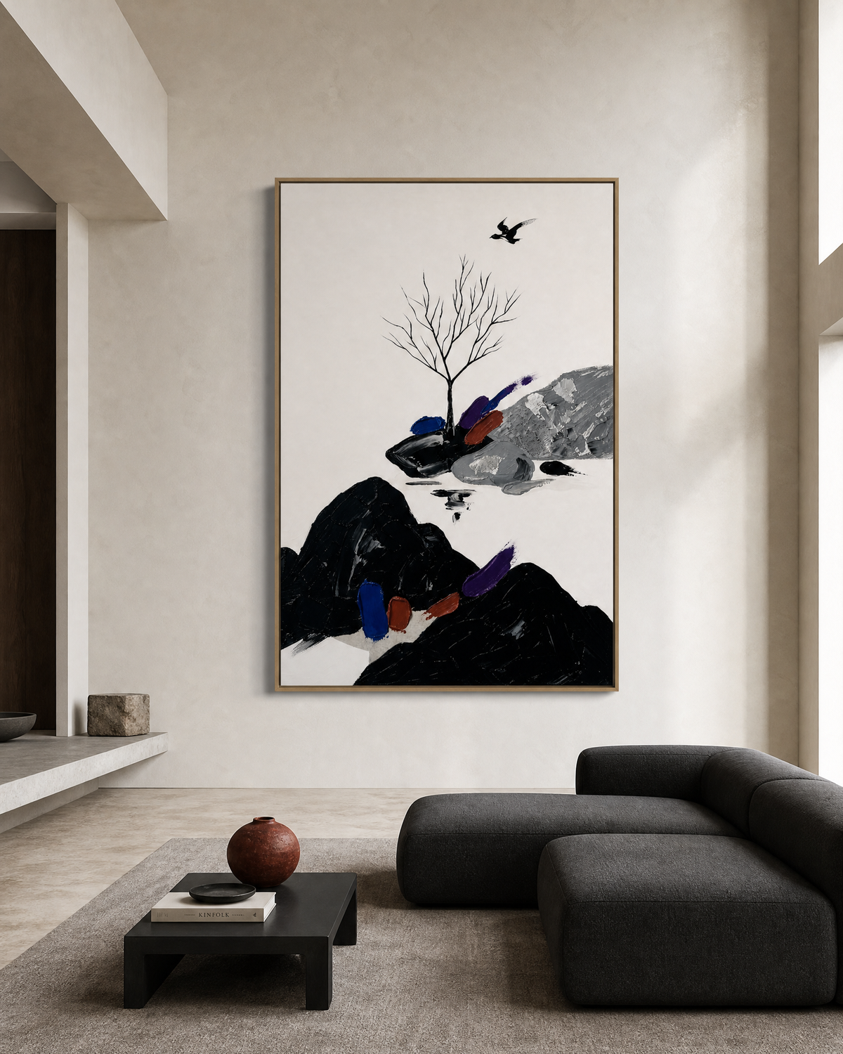 Ink Mountains and Bare Tree with Flying Bird