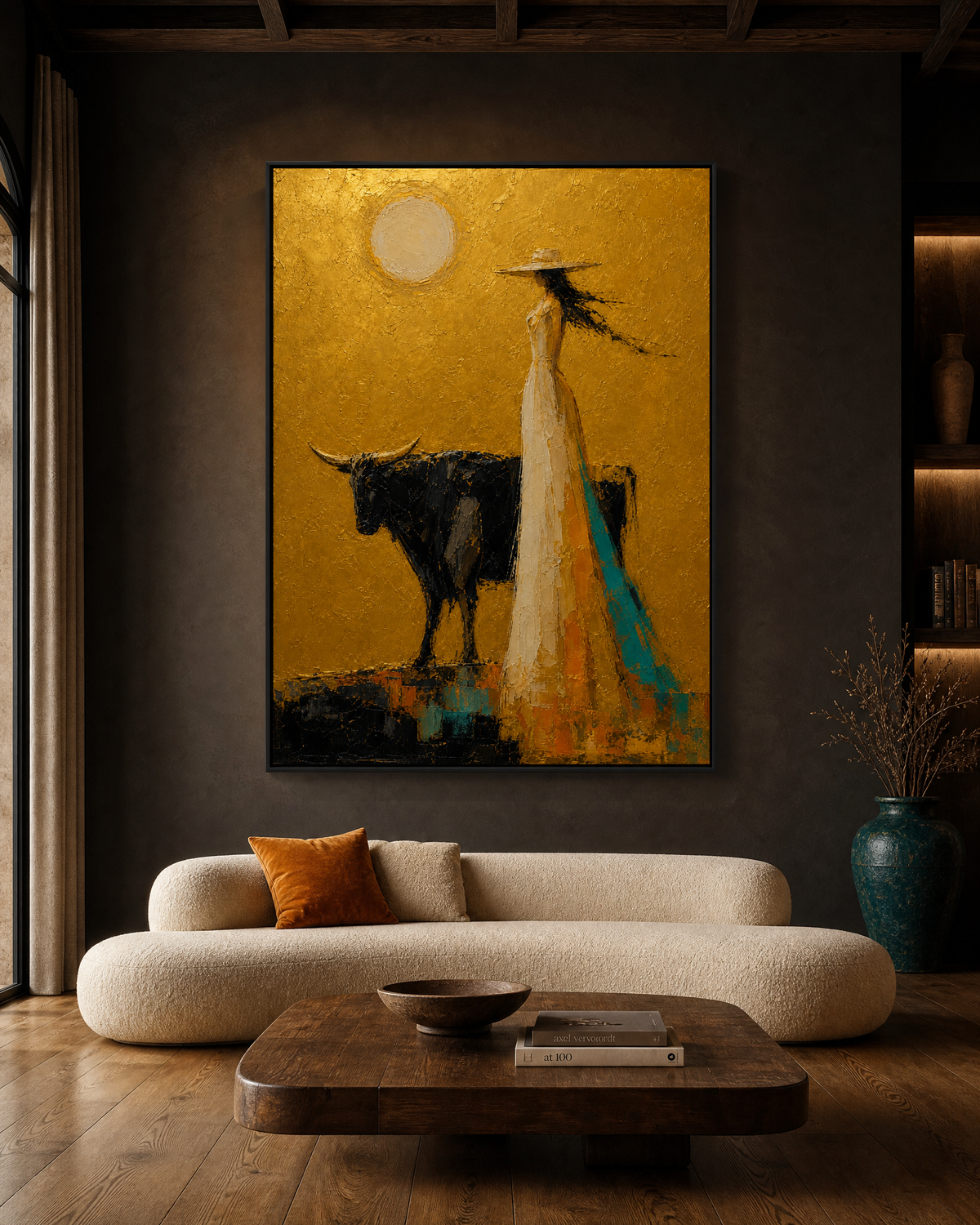 Woman with Black Bull in Golden Field