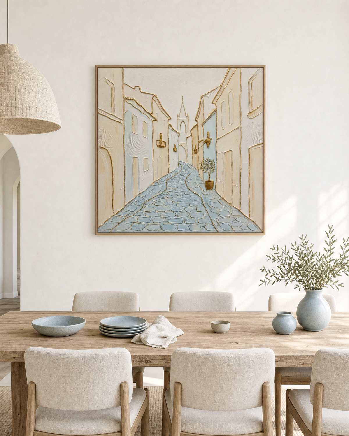 Old Town Cobblestone Street in Soft Neutrals and Gold