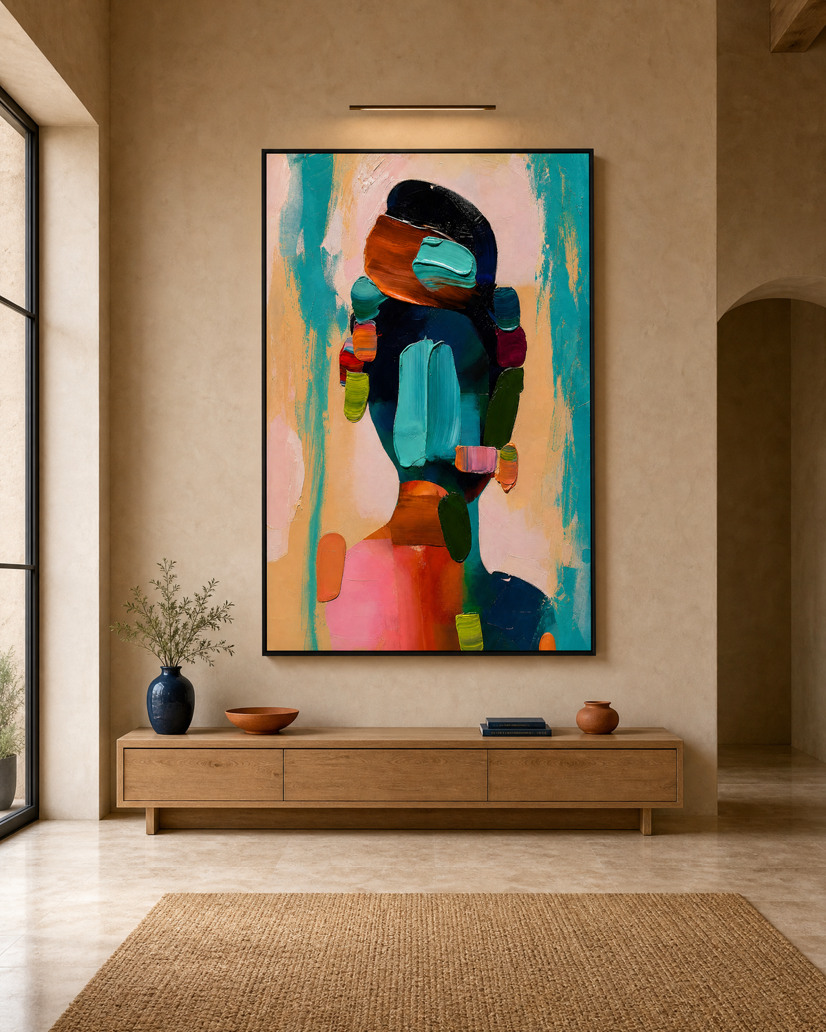 Back View Figure in Teal and Blush