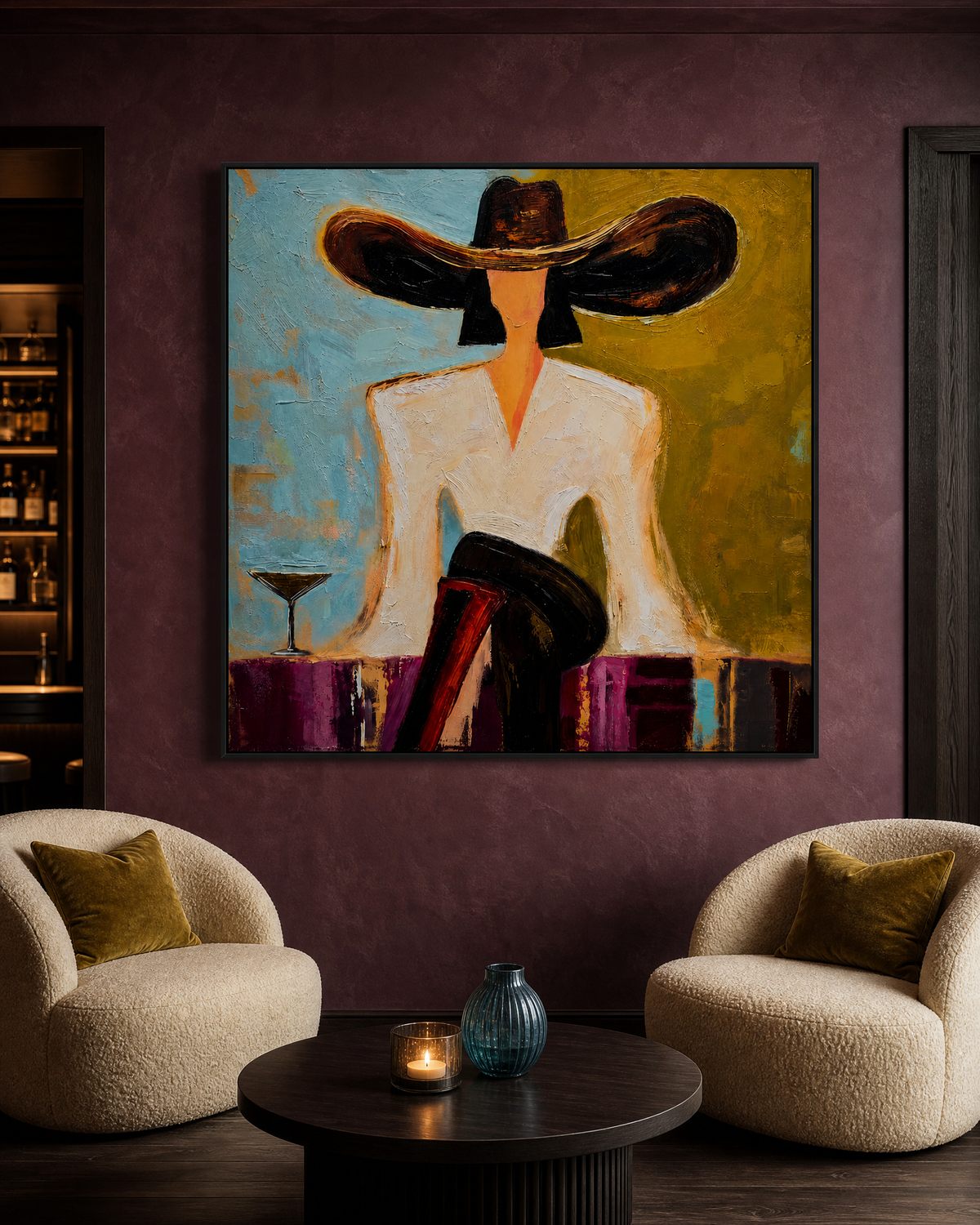 Woman in Wide-Brim Hat at the Bar