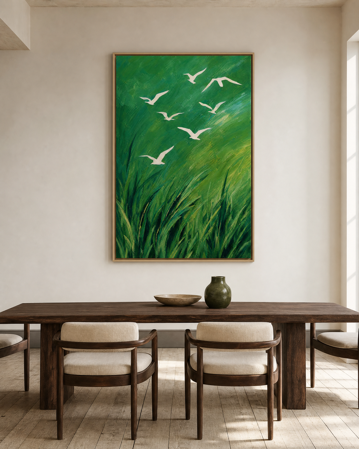 White Birds Over Emerald Grass