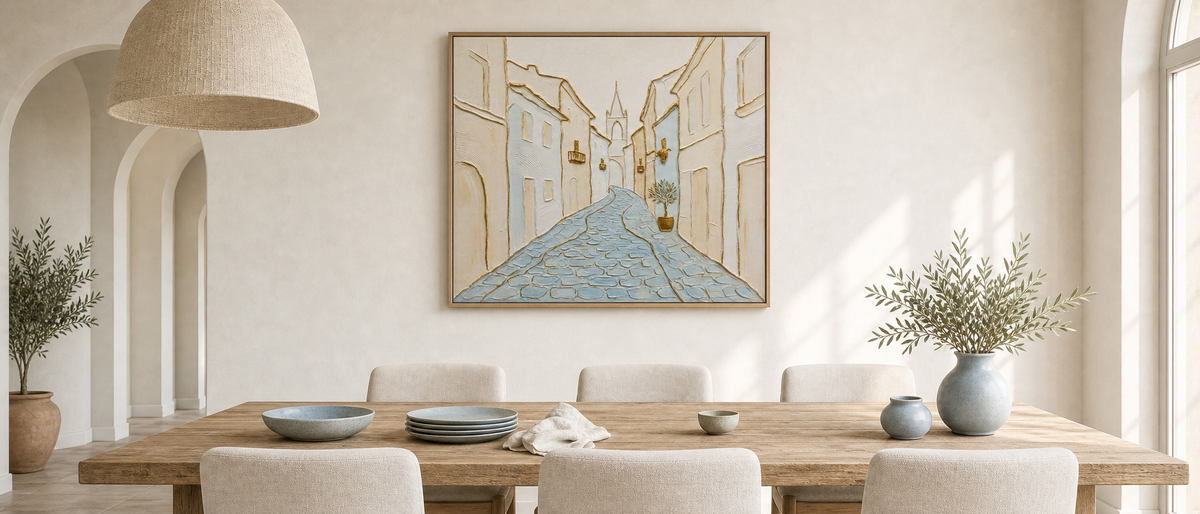 Old Town Cobblestone Street in Soft Neutrals and Gold