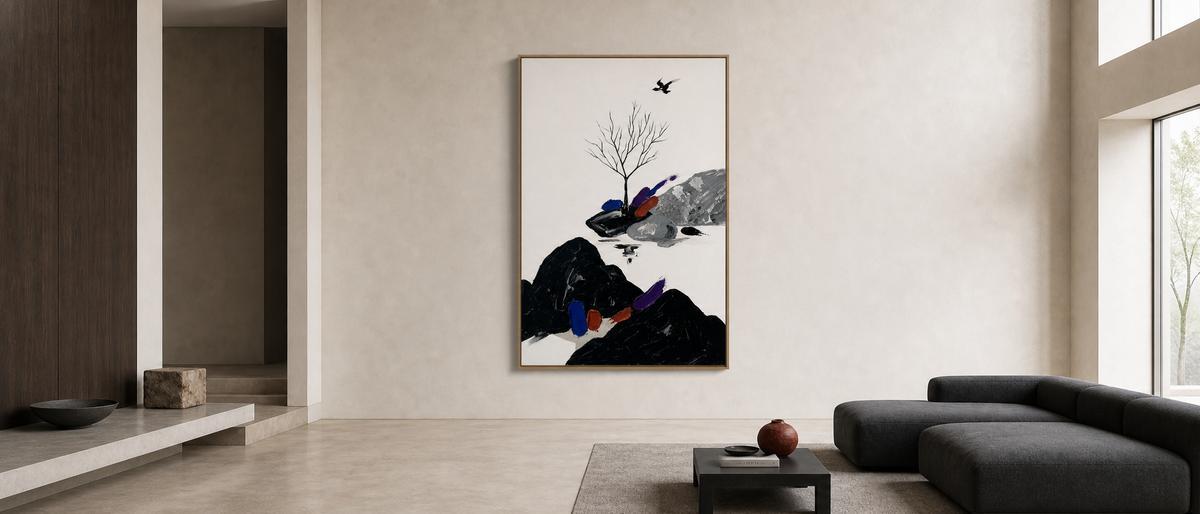 Ink Mountains and Bare Tree with Flying Bird