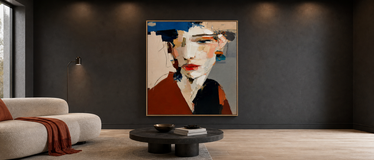 Abstract Fragmented Portrait in Rust and Navy